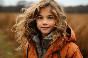 a young girl in an orange jacket standing in a field generative ai photo