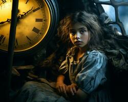 a young girl sitting in front of an old clock generative ai photo