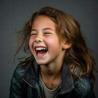 a young girl laughing while wearing a leather jacket generative ai photo