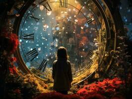 a young girl standing in front of a large clock generative ai photo