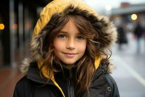 a young girl wearing a black jacket and a yellow hoodie generative ai photo