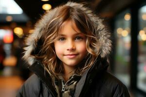 a young girl wearing a jacket and looking at the camera generative ai photo