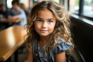 a young girl sitting at a table in a restaurant generative ai photo