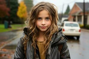 un joven niña en pie en el calle en el lluvia generativo ai foto