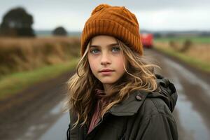 a young girl wearing an orange beanie standing on a road generative ai photo