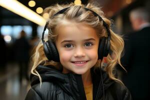 a young girl wearing headphones in an airport generative ai photo