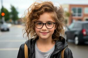 a young girl wearing glasses on the street generative ai photo