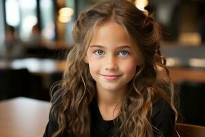 a young girl with blue eyes sitting at a table generative ai photo