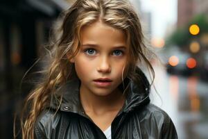 un joven niña con azul ojos en pie en el lluvia generativo ai foto