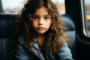 a young girl with curly hair sitting in a car generative ai photo