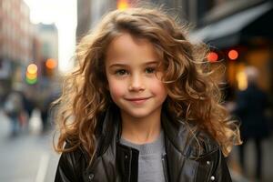 a young girl with curly hair standing in the middle of a city street generative ai photo