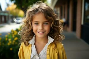 a young girl with curly hair standing in front of a building generative ai photo