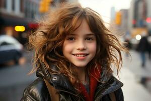 a young girl with curly hair standing on the street generative ai photo