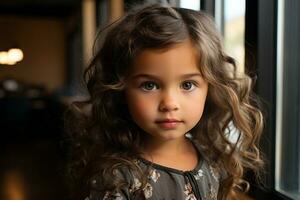 a young girl with curly hair standing in front of a window generative ai photo