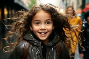 a young girl with curly hair is smiling in the street generative ai photo