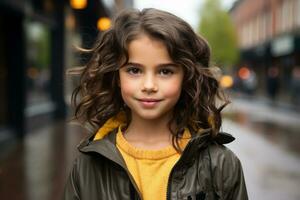 a young girl with curly hair standing in the rain generative ai photo