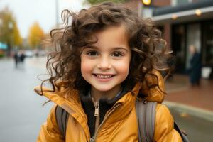 a young girl with curly hair wearing a yellow jacket generative ai photo