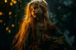 a young girl with long blonde hair standing in the dark generative ai photo