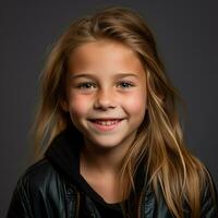 a young girl with long hair and a black jacket generative ai photo