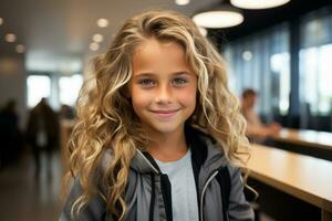 a young girl with long curly hair standing in front of a table generative ai photo