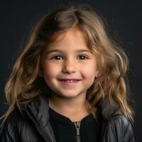 un joven niña con largo pelo y un negro chaqueta generativo ai foto