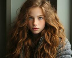 a young girl with long red hair and blue eyes generative ai photo