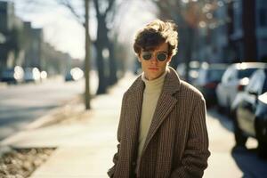 a young man in a coat and sunglasses standing on a street generative ai photo