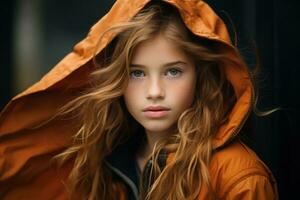 a young girl with long red hair wearing an orange jacket generative ai photo