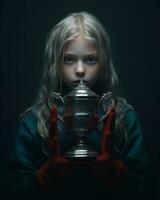 un joven niña con rojo guantes participación un plata trofeo generativo ai foto