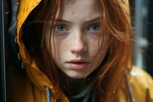 a young girl with red hair and a yellow raincoat generative ai photo