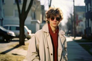 a young man in a coat and sunglasses standing on a street generative ai photo