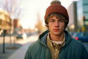a young man in a coat and hat standing on a street generative ai photo