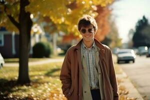 a young man in a coat and sunglasses standing on a street generative ai photo