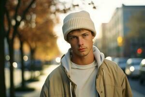 a young man in a beanie and jacket standing on the street generative ai photo