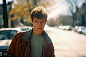 a young man in a brown jacket standing on a street generative ai photo