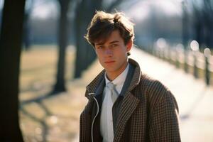 a young man in a coat and tie standing in a park generative ai photo