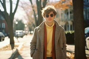 a young man in a coat and sunglasses standing on a street generative ai photo