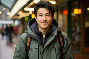 a young man in a green jacket standing in a city street generative ai photo