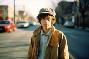 a young man in a hat and jacket standing on the street generative ai photo
