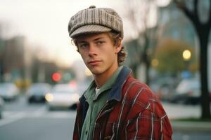 a young man in a plaid shirt and hat standing on the street generative ai photo