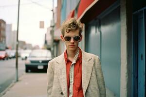 a young man in a suit and sunglasses standing on a city street generative ai photo
