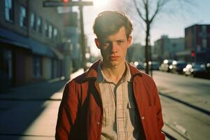 a young man in a red jacket standing on a city street generative ai photo