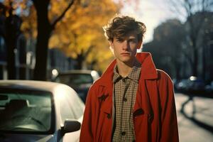 a young man in a red coat standing in front of a car generative ai photo