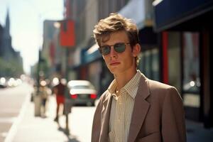 un joven hombre en un traje y Gafas de sol en pie en un ciudad calle generativo ai foto