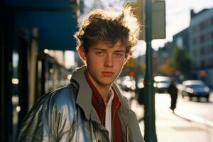 a young man in a silver jacket standing on a city street generative ai photo