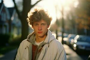 a young man in a white jacket standing on a street generative ai photo