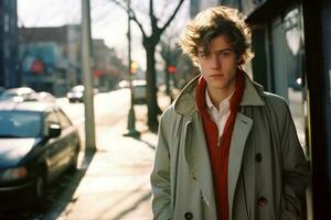 a young man in a trench coat standing on a city street generative ai photo