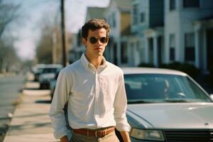 un joven hombre en un blanco camisa y Gafas de sol en pie en un calle generativo ai foto