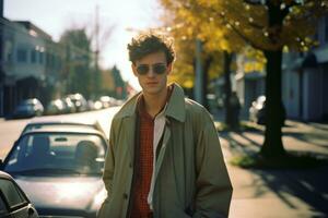 a young man in sunglasses and a trench coat standing on a street generative ai photo
