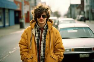 un joven hombre en un amarillo chaqueta y Gafas de sol en pie en un calle generativo ai foto